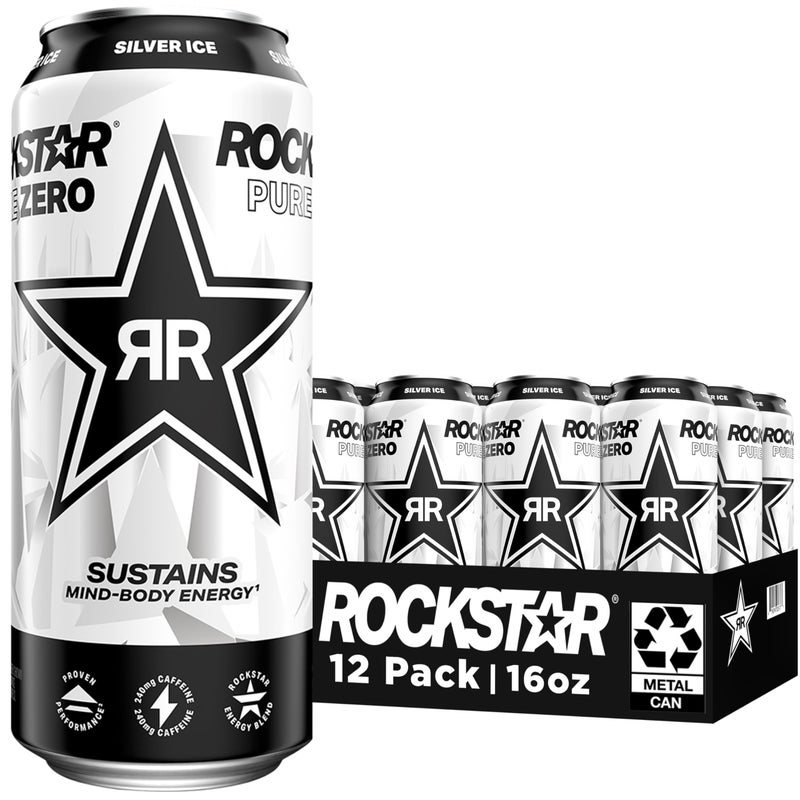 Rockstar Pure Zero Energy Drink, Silver Ice, 0 Sugar, with Caffeine and Taurine, 16oz Cans (Pack of 12) (Packaging May Vary) - Image 1